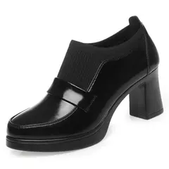 Mocassim de um pedal feminino, salto alto, sapatos de couro macio, fundo grosso, - comprar online