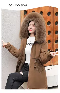 Parka longa de lã com capuz feminino com gola de pele, casaco fino, roupas acolchoadas, neve quente, moda inverno, novo, 2023 - loja online