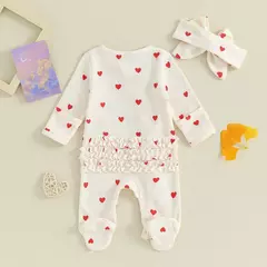 Imagem do Pudcoco-macacão de bebê menina com estampa de coração, manga comprida para os pés, com zíper e bandana de 0 a 6 anos