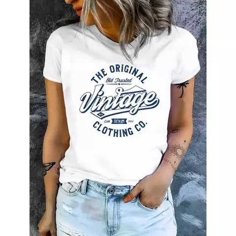 T-shirt de algodão de manga curta para as mulheres, roupas casuais, gola redonda, moda, alta qualidade, estilo vintage