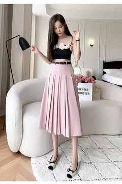 Saia plissada midi de cintura alta feminina, terno casual linha A, elegante saia de guarda-chuva vintage, moda feminina, primavera, verão, nova - comprar online