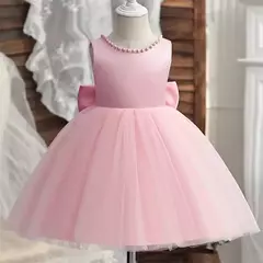 Vestido de tule sem costas para bebé com laço grande e pérolas, 1 ° vestido de aniversário, princesa infantil, vestido baptizado, 1 a 5 anos
