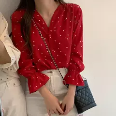 Camisa estampada amor com manga pétala, blusa com decote em v, manga comprida, moda doce, primavera e outono - comprar online