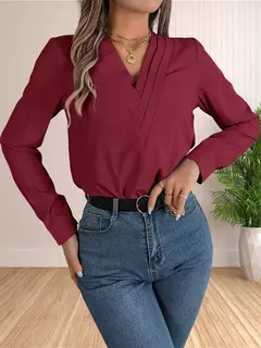Imagem do Vestido feminino de manga comprida em camadas com decote em v, tops de trabalho, roupa de escritório, blusa empresarial, 2024
