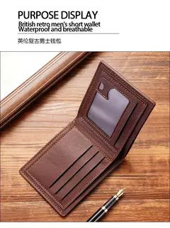 Carteira de couro sintético curta bifold masculina, titular do cartão de identificação de crédito bolsa billfold, Business Slim Clutch, monocromática