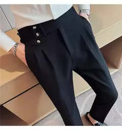 Calça formal de botão de cintura alta estilo britânico masculina, terno casual empresarial, calça de escritório, monocromática, alta qualidade, nova, primavera - loja online