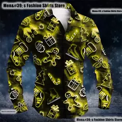 Natal santa gingerbread motorando botão masculino camisa de lapela de manga comprida de alta qualidade, tamanho grande XS-6XL entrega rápida