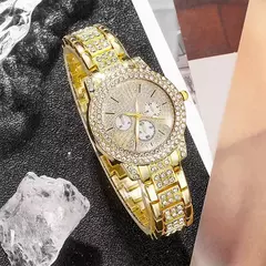 Mulheres Relógio de pulso strass e conjunto de joias, Relógio Quartzo, Dourado, Luxo, Anel, Colar, Brinco, Casual, senhoras, Fashion