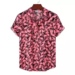 Imagem do Camisa de praia de manga curta masculina, tops florais soltos, roupa de secagem rápida, estampa havaiana flamingo, férias à beira-mar