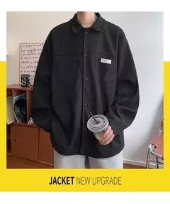 Jaqueta masculina casual de veludo, camisa manga longa, streetwear solta com bolsos, botão pesado para baixo, outono na internet