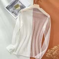 Top de mangas compridas transparente ultrafino feminino, casaco feminino com renda, monocromático, gola simulada, camisa feminina visível, primavera, verão