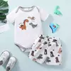 Dinossauro dos desenhos animados do bebê menino bodysuit manga curta e shorts set, desgaste do verão recém-nascido, moda criança, bonito, macio, 0-24 meses, 2pcs