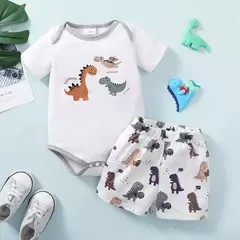 Dinossauro dos desenhos animados do bebê menino bodysuit manga curta e shorts set, desgaste do verão recém-nascido, moda criança, bonito, macio, 0-24 meses, 2pcs