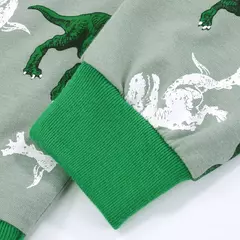 Imagem do T-Rex infantil com padrão de dinossauro pijama, top e calça de manga comprida, pijama casual confortável, loungewear para menino