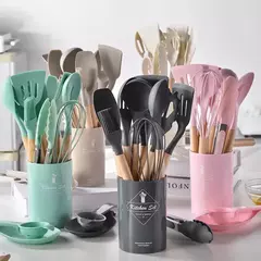 Conjunto de utensílios de cozinha com cabo de madeira, cozinhar ferramentas, utensílios de cozinha, pá, colher, prático, comestível, madeira, 12pcs - Wolf Magazine
