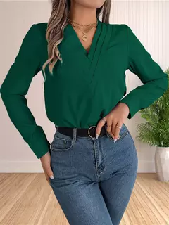 Vestido feminino de manga comprida em camadas com decote em v, tops de trabalho, roupa de escritório, blusa empresarial, 2024