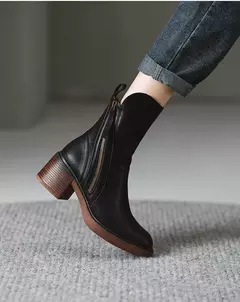 Botas de plataforma chelsea para mulheres, salto robusto, dedo do pé redondo, marrom, ankle boots, salto alto, couro, ao ar livre, novo