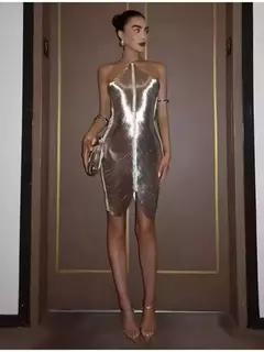 Mini vestido com decote em v para mulheres, Halterneck, Cortar o vestido curto, Decoração assimétrica com borla, Vestidos Patchwork, Moda elegante - loja online