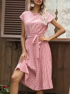 Benuynffy-Vestidos femininos de bolinhas com o pescoço, manga comprida, altura do joelho, camisas, elegante senhora do escritório, cintos, vestido a-line, 2024 - loja online