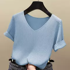 Blusa feminina de malha com decote v, camisa manga curta, tops verão 2022 - loja online