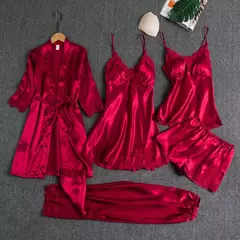Imagem do Conjunto de pijama feminino, roupão de seda, roupa de dormir, cami com decote em v, pijamas, pijamas, camisola primavera, 5 peças