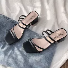 Imagem do Sandálias femininas de salto alto em toe aberto, sapatos femininos casuais, salto quadrado, alça de tornozelo, sapato feminino, verão, novo, 2022