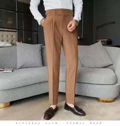 Homens estilo britânico ternos calças novo masculino sólido calças de cintura alta alta qualidade formal magro ajuste negócio casual terno calças - loja online