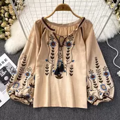 Imagem do Blusa Bordada Manga Lanterna Longa com Decote V para Mulheres, Moda Casual, Camisas Vintage, Tops Femininos Minoritários, Drop Shipping, Outono