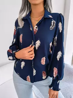 Mulheres Casual Pena Imprimir Collar Manga Longa Camisa Branco Rosa Azul - Wolf Magazine