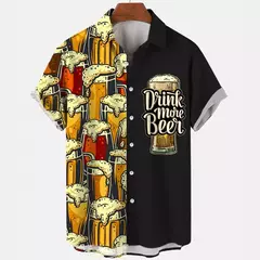 Imagem do Camisa Retro de Cerveja Masculina Estampada 3D, Padrão para Beber Natal, Engraçado Street Top, Casual Manga Curta, Blusa de Botão, Roupas