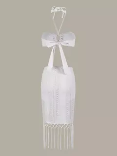 Conjunto de biquíni de três peças, sutiã acolchoado, borla, saia de praia de cintura alta, maiô de verão, moda sexy, monocromático - loja online