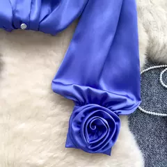 Elegante cetim tridimensional flor manga longa lapela blusa chique vintage moda colheita topo feminino camisas de outono roupas - comprar online