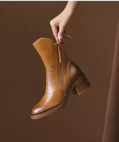 Botas de plataforma chelsea para mulheres, salto robusto, dedo do pé redondo, marrom, ankle boots, salto alto, couro, ao ar livre, novo - loja online