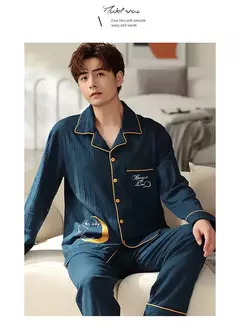 Conjunto de pijama masculino 100% algodão manga comprida solto casual outono/inverno temporada cardigan pijamas na internet