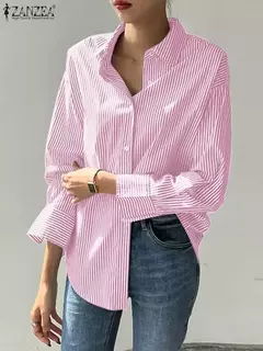 ZANZEA-Blusa feminina listrada de manga comprida, tops de túnica com botões, camisas elegantes, casual e elegante, verão, 2023 - comprar online