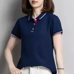 Camisa polo feminina de algodão solto, manga curta, blusa esportiva casual com lapela, camisa de negócios preto e branco, verão feminino - loja online