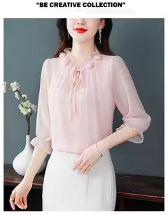 Chiffon blusa com gola pétala para as mulheres, blusa solta e casual, meia manga, gravata borboleta, nova moda, primavera verão, tamanho m a 4xl, 2024 - comprar online