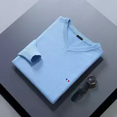 Imagem do Camisola de cashmere manga comprida masculina com decote em v, pulôveres masculinos padrão, saltadores de tricô, roupas monocromáticas, venda quente