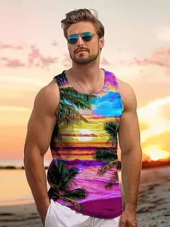 Tops soltos estilo havaiano masculino, colete de férias lazer, viagem ao ar livre, confortável, casual, estampa do sol - Wolf Magazine
