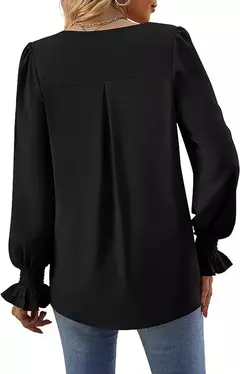 Nova camisa feminina de chiffon de cor sólida com decote em v pulôver queimado manga comprida camisa superior senhora do escritório elegante cáqui blusas soltas - loja online