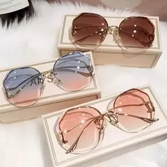 Luxo redondo gradiente óculos de sol para mulheres, óculos de metal curvo templos, óculos sem aro, oceano moda feminina, UV400, 2023