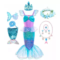 Meninas roxo-azul sereia ariel cosplay vestido de halloween vestido de festa de aniversário meninas praia vestido de férias