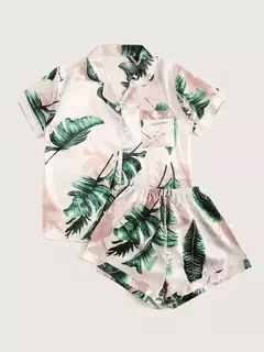 Imagem do Conjunto de pijama de duas peças estampado leopardo feminino, shorts e top de manga curta, pijama cetim casual para casa, verão