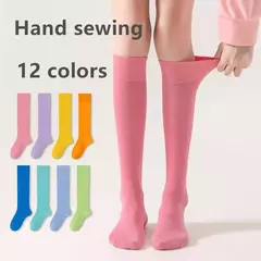 Meias longas e sólidas de cor doce para mulheres, meias na moda, lisos, estilo japonês, altura do joelho, macias, respiráveis, algodão, estudante - loja online