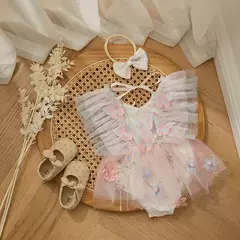 Baby Girls' Princess Mesh Sheer Romper, Summer Kids Party Clothes, Borboleta, Bordado de flores, Vestido de manga voadora, Headband - loja online