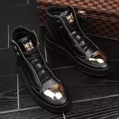 Bota de plataforma leopardo masculina, sapato de couro alto, tênis de metal, calçado masculino, designer de luxo, tendência - comprar online