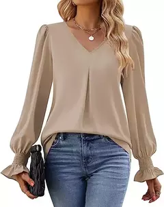 Nova camisa feminina de chiffon de cor sólida com decote em v pulôver queimado manga comprida camisa superior senhora do escritório elegante cáqui blusas soltas - comprar online