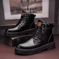 Imagem do Bota de couro com cordões masculina, sapato de motocicleta, moda top, inverno