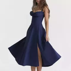Vestido de verão estampado floral, Laço frontal feminino, Gola quadrada, Vestido de coxa dividido, Cinta de praia, Vestido de noite, Novo - loja online