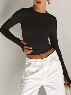 Imagem do Top feminino de gola redonda manga longa com furos no polegar, camiseta monocromática, slim fit, streetwear diário, moda verão